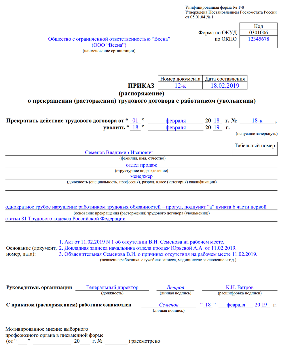 Пошаговое увольнение работника. Образец приказа об увольнении за прогулы образец. Бланк приказа о прогуле работника образец. Шаблон приказа на увольнение сотрудника образец. Приказ о увольнении работника образец.