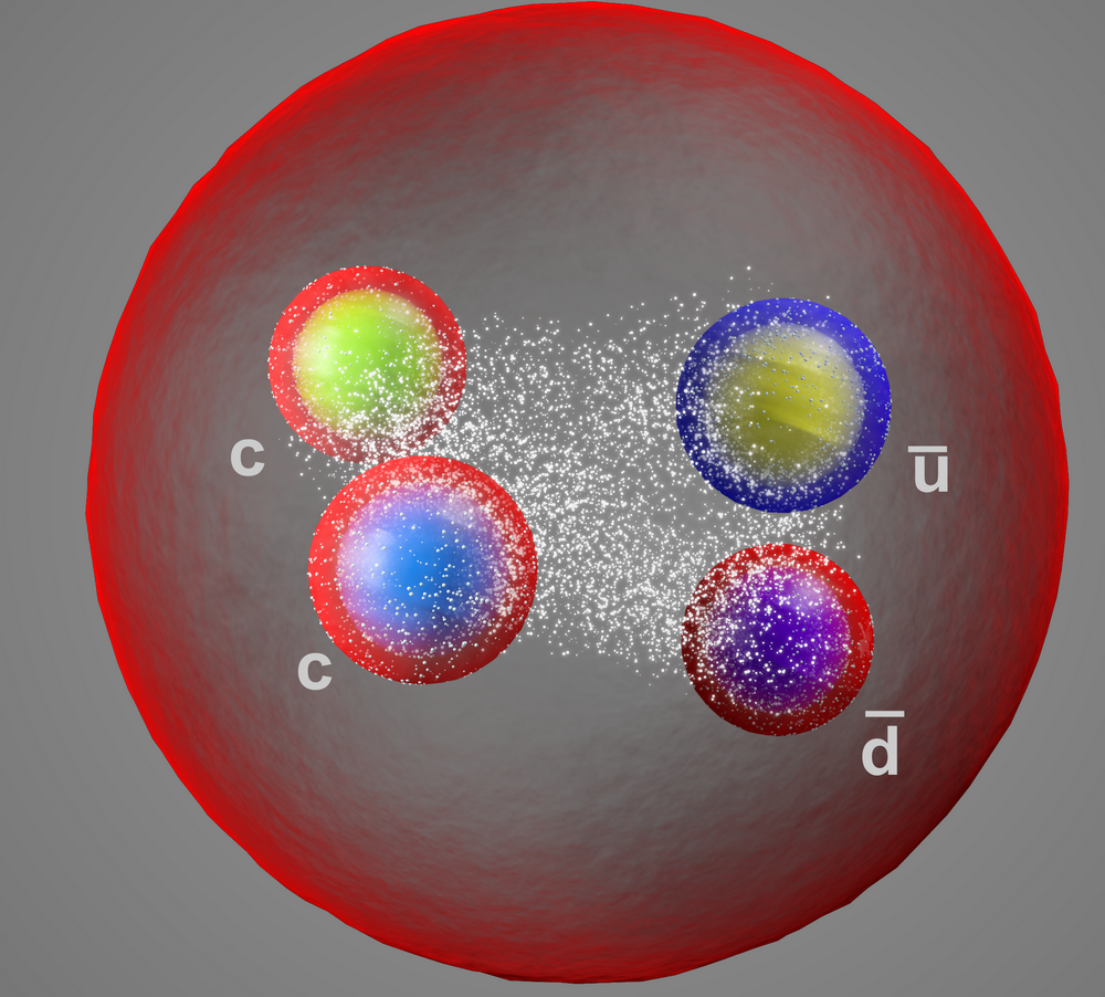 Одна из возможных внутренних структур новой частицы: очарованые кварки (с) образуют тяжелый компактный дикварк, вокруг которого обращается пара лёгкик антикварков ( u-bar и d-bar). Источник: ЦЕРН (home.cern)
