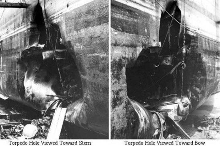 На фото - пробоина, полученная из-за торпеды - от коряги отверстие меньше. От этого, конечно же, легче, но не сильно)