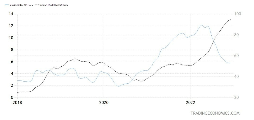 Уровень инфляции за последние пять лет в Бразилии и Аргентине. (Источник: Торговая экономика)
