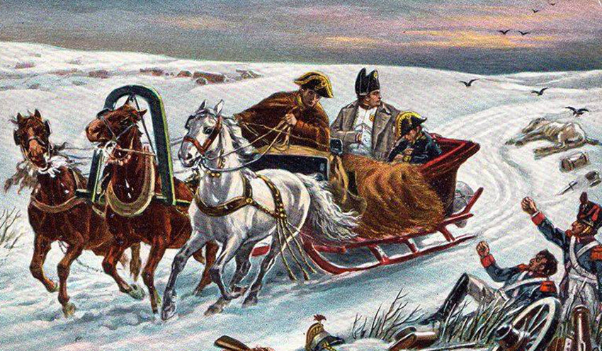 Наполеон в санях бежит из России. Немецкая открытка