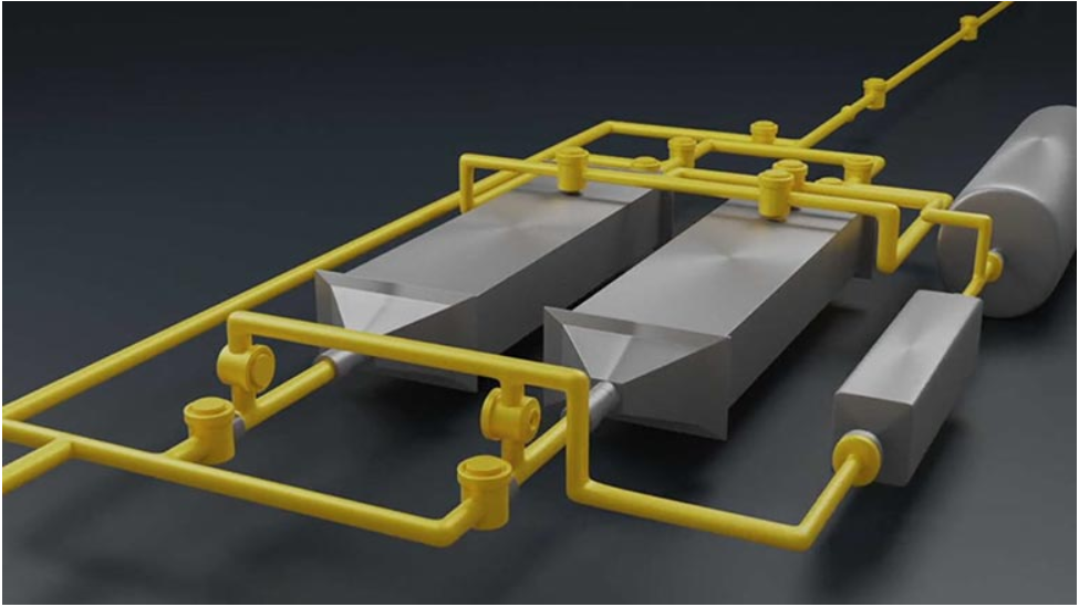 На этой схеме новой системы воздух, поступающий из верхнего правого края, проходит в одну из двух камер (серую прямоугольную структуру), содержащую электроды батарей, которые притягивают углекислый газ. Затем воздушный поток переключается в другую камеру, а накопленный в первой камере углекислый газ вымывается в отдельный резервуар (справа). Эти переменные потоки обеспечивают бесперебойную работу двухступенчатого процесса. Кредит: Изображение любезно предоставлено исследователями.