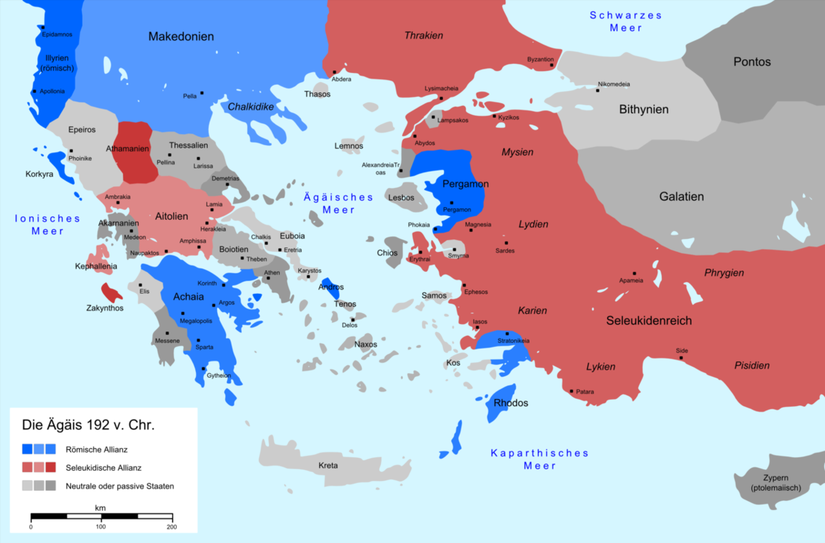 Эгейский мир в 192 году до нашей эры. Селевкиды (обозначены красным цветом) еще на коне.