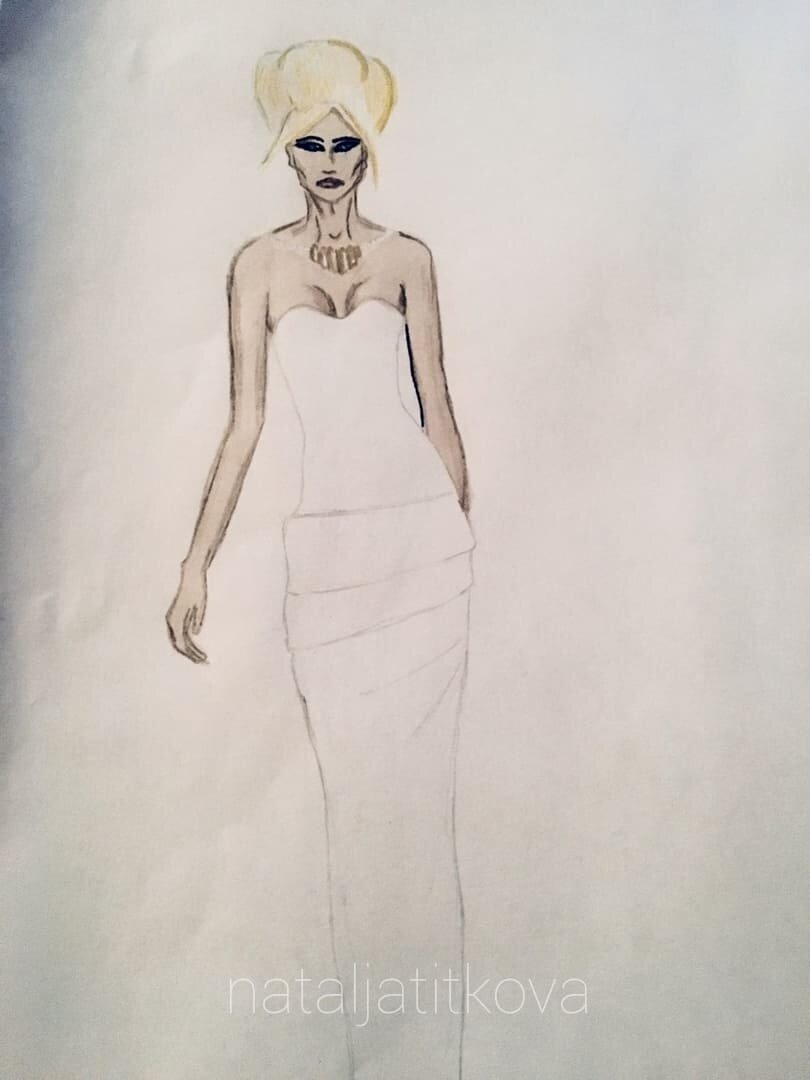 Набросок фигуры и платья, закладываем положение ткани на модели.