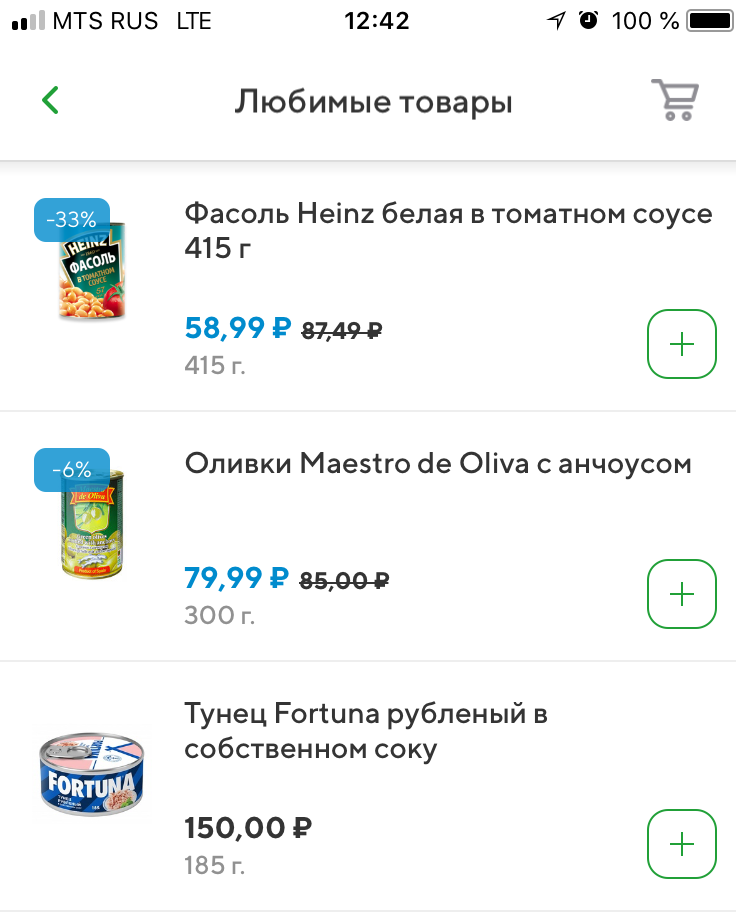 Раздел "Любимые товары" в каталоге СберМаркета