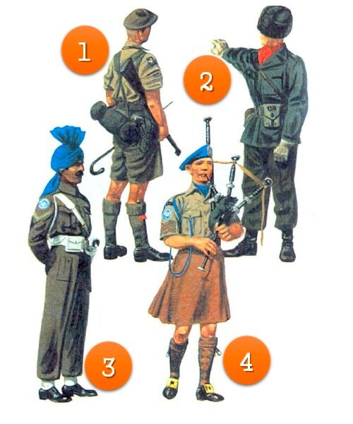 Рисунок 1. (1) Великобритания. Офицер полка Аргайльских и Сатерлендских горцев, Корея, 1950 г.; (2) США. Офицер легкой артиллерии, Корея, 1950 г.; (3) Индия. Младший капрал военной полиции, сектор Газа, 1958 г.; (4) Ирландия. Сержант-волынщик пехоты, Кипр, 1963 г. Источник: Канник П. "Униформа армий мира 1880-1970"