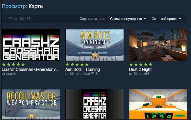 В открывшемся окне вы сможете выбрать карту и установить ее.Небольшой лайфхак, найти хорошую карту в мастерской не тяжело, но вы также можете воспользоваться и посторонними сайтами и ютубом с обзорами для поиска карт.