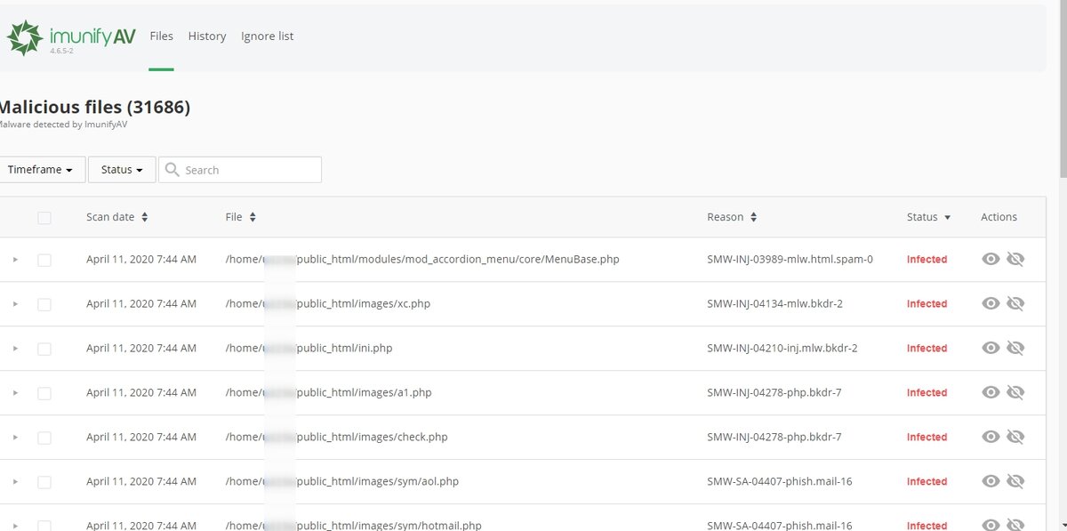 Результат работы в cPanel ImunifyAV