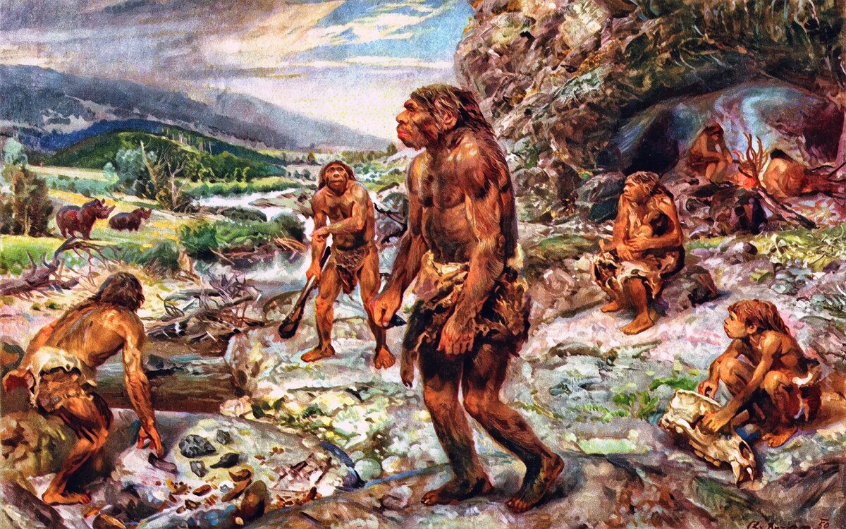 камни и вероятно деревянные дубины позволили кланам Homo habilis выжить ( Zdenek Burian)