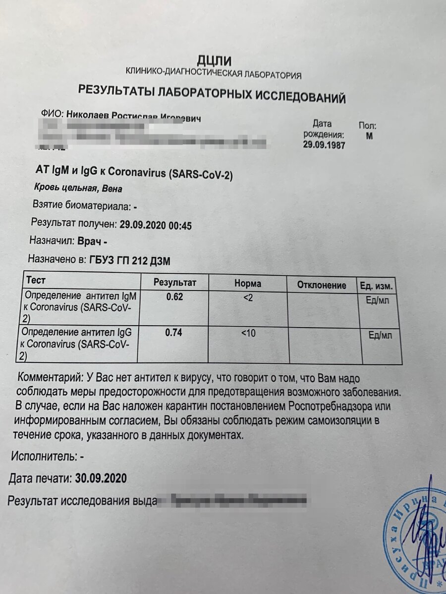 На фото: результат анализа крови Николаева эР на антитела к ковид