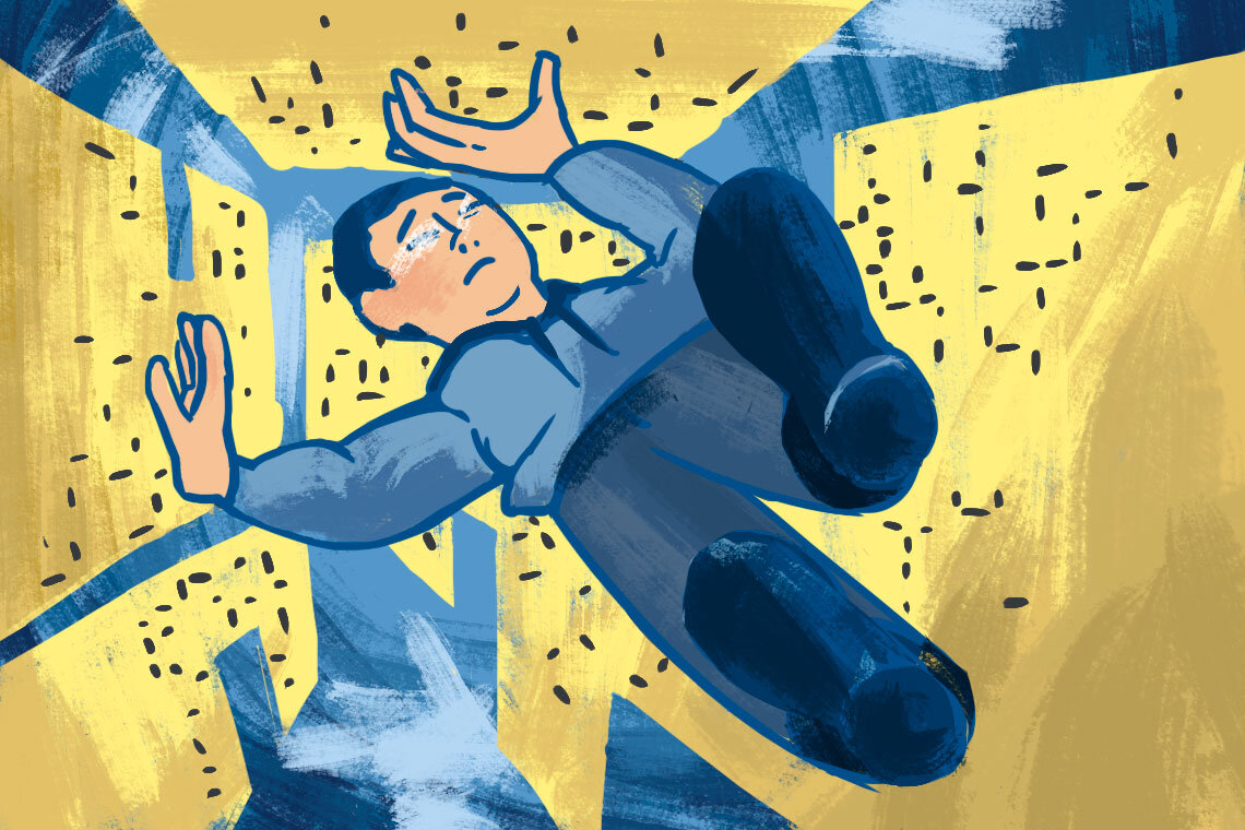 Хаотично размещенные тактильные таблички и звуковые сигналы светофоров дезориентируют слабовидящих / Иллюстрация Ани Мичуровой для Фонда Ройзмана