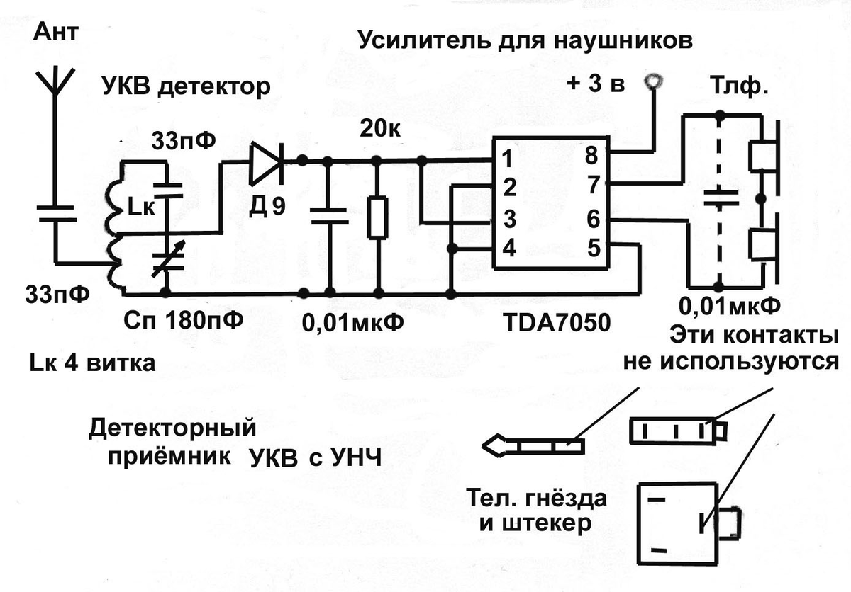  Рис 2.  Детекторный УКВ (FM) приёмник с УНЧ, 0 - V - 1.