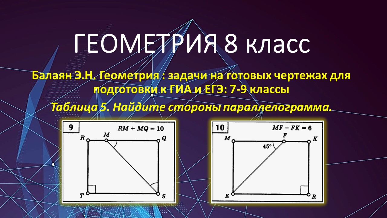 Геометрия 8 класс. Параллелограмм. Ищем стороны параллелограмма по его  периметру. Задачи 9 и 10 на готовых чертежах.