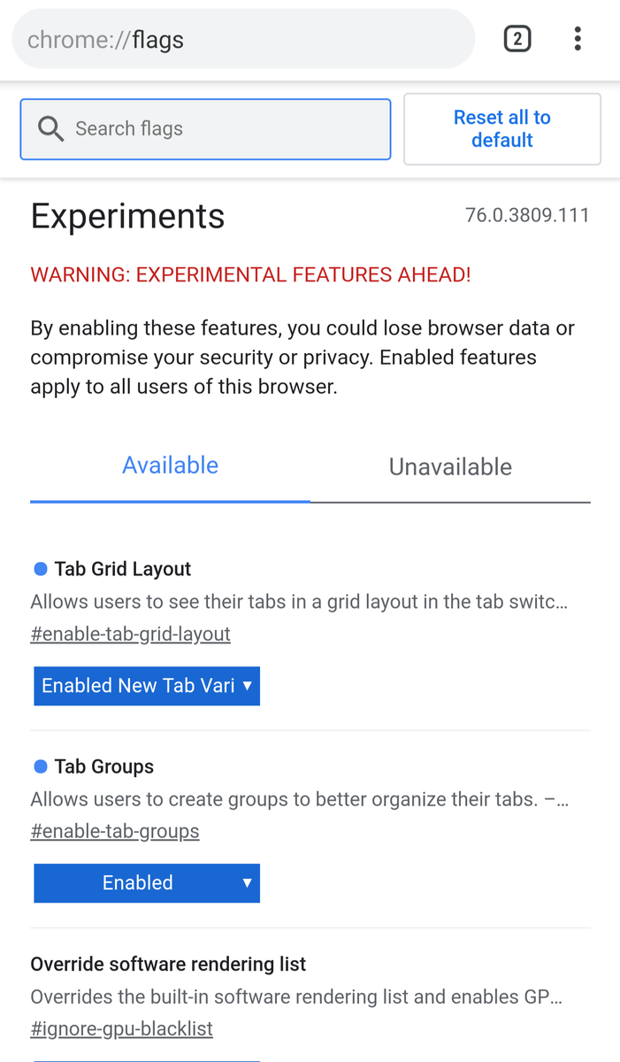 Google предупреждают, что функции экспериментальные, а их включение может повлечь за собой потерю истории браузера или нарушить вашу приватность. Впрочем нужные нам опции изменяют исключительно дизайн, так что вы можете не беспокоиться.