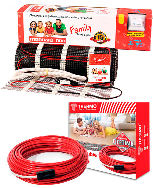 Теплый пол Family в виде мата и греющая секция Thermocable
