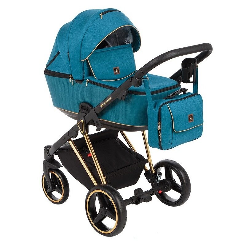 Это пример современной детской коляски на раме с поворотными колесами (Adamex Cristiano SE)