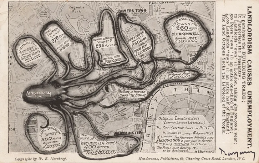 Полемическая карта WB Northrop 1925 года показывает осьминога «лендлордизма», душившего Лондон. Фотография: Корнелльский университет / PJ Mode Коллекция убедительной картографии