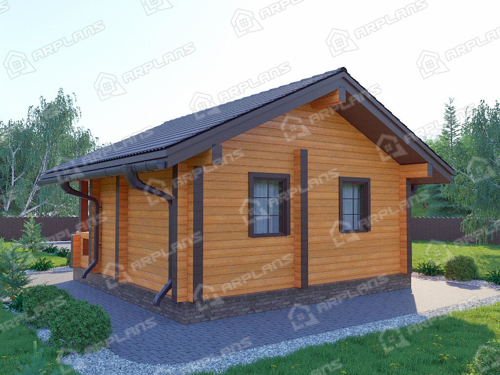 Фото 2 одноэтажного деревянного дома из бруса с 1 спальней и террасой. 30 кв м. Источник arplans.ru Проект ДС-056