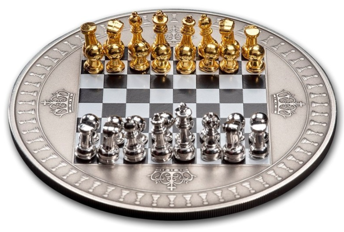 Монета, номиналом в 5 долларов. Остров Ниуэ. "Шахматы". Фото из открытых источников.