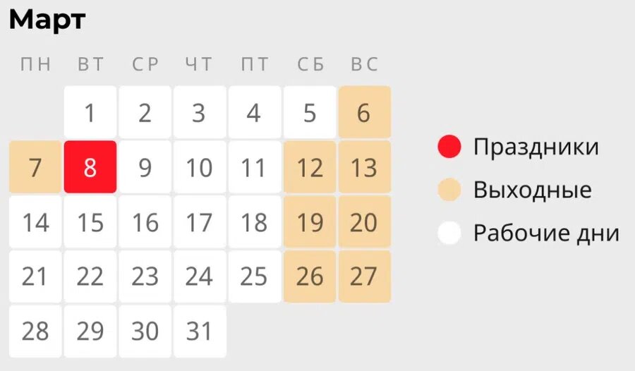 Производственный календарь на март 2022 года