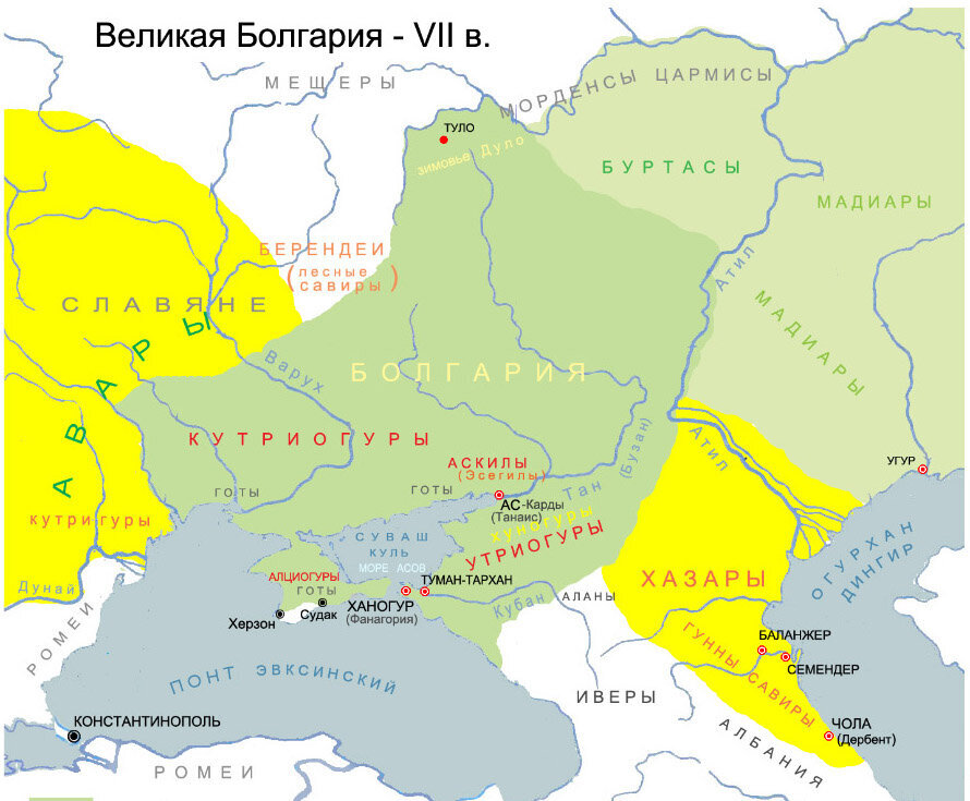 Сначала Болгария располагалась к северу от Чёрного Моря, а потом "сползла". Кстати, обратите внимание, где находилась Албания! А "мадиары" – это, конечно, венгры...
