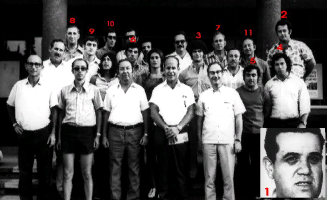 Члены олимпийской сборной Израиля, сфотографированные перед приездом в Мюнхен. Красными цифрами отмечены заложники