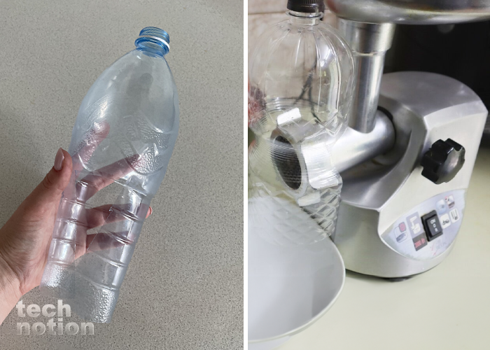 Сделайте отверстие в бутылке и наденьте на кран мясорубки, чтобы не летели брызги / Изображение: дзен-канал technotion