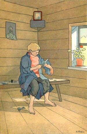 У Тришки на локтях кафтан продрался. Что́ долго думать тут? Он за иглу принялся:
По четверти обрезал рукавов —
И локти залатал. Кафтан опять готов;