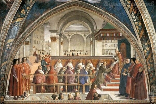 Утверждение устава монашеского ордена францисканцев, около 1485. Капелла Сассети, Санта Тринита, Флоренция.
