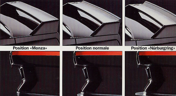Слева – положение аэродинамики “Монца”, сниженное лобовое сопротивление для достижения максимальной скорости; в центре – обычное положение со средней прижимной силой; справа – положение “Нюрбургринг” с максимальными углами атаки переднего спойлера и заднего антикрыла для наибольшей прижимной силы.