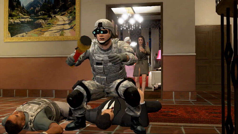 Вообще, для более наглядного примера здесь должен быть кадр из "Зеленого слоника", где Пахом приседает на Полковнике, но из-за цензуры могу показать только скриншот с сынком-задротом из GTA V :D