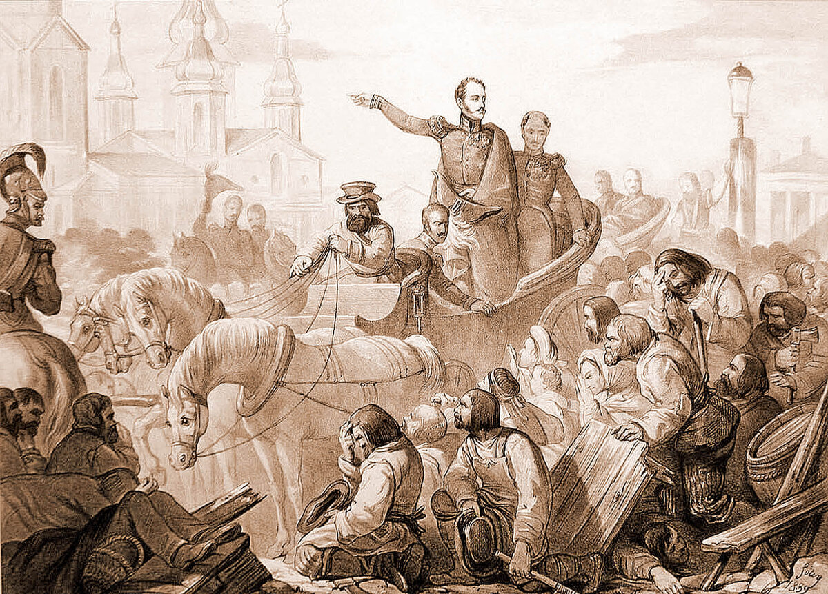 Император Николай I своим присутствием усмиряет холерный бунт в Санкт-Петербурге в 1831 году.  
Литография из французского периодического издания Album Cosmopolite (1839)