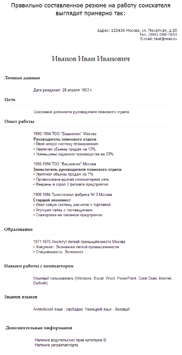 Образец резюме пример