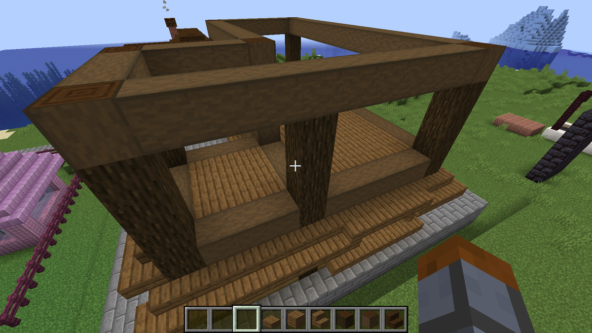 Поднимаем колонны из тёмного дуба на 3 блока и сверху делаем ободок из отесанного тёмного дуба.