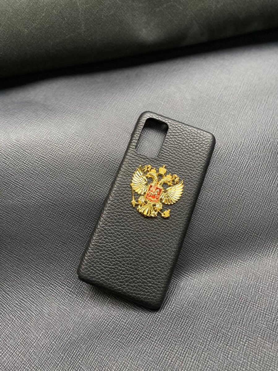 Чёрный кожаный чехол с золотым гербом России Mobcase 1388 для Samsung S20