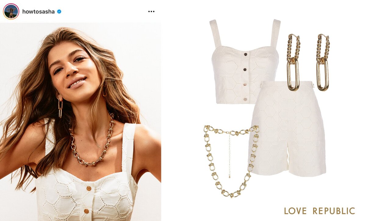 На фото: топ (арт. 0256031311), шорты (арт. 0256031731), серьги (арт.144648055), ожерелье-цепь (арт. 144145013).