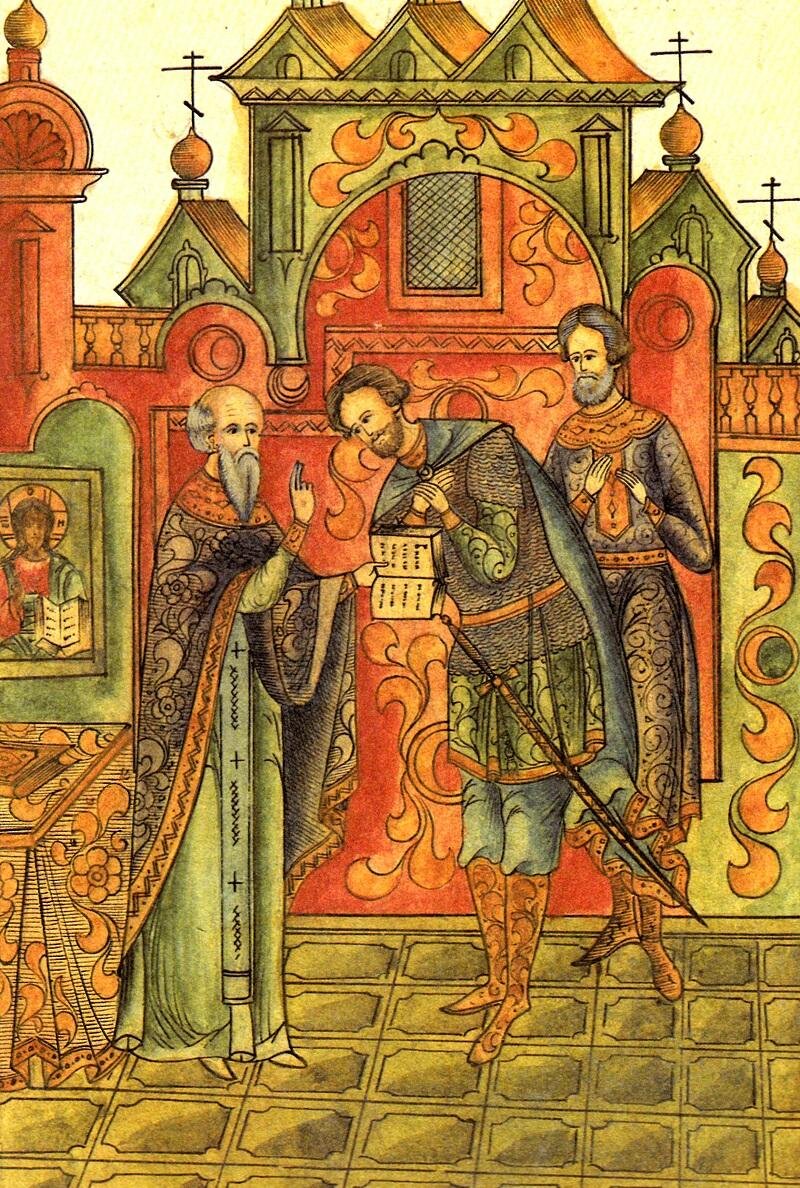 Миниатюра из древнерусской книги "Житие черниговского князя Михаила Всеволодовича (XIII век).