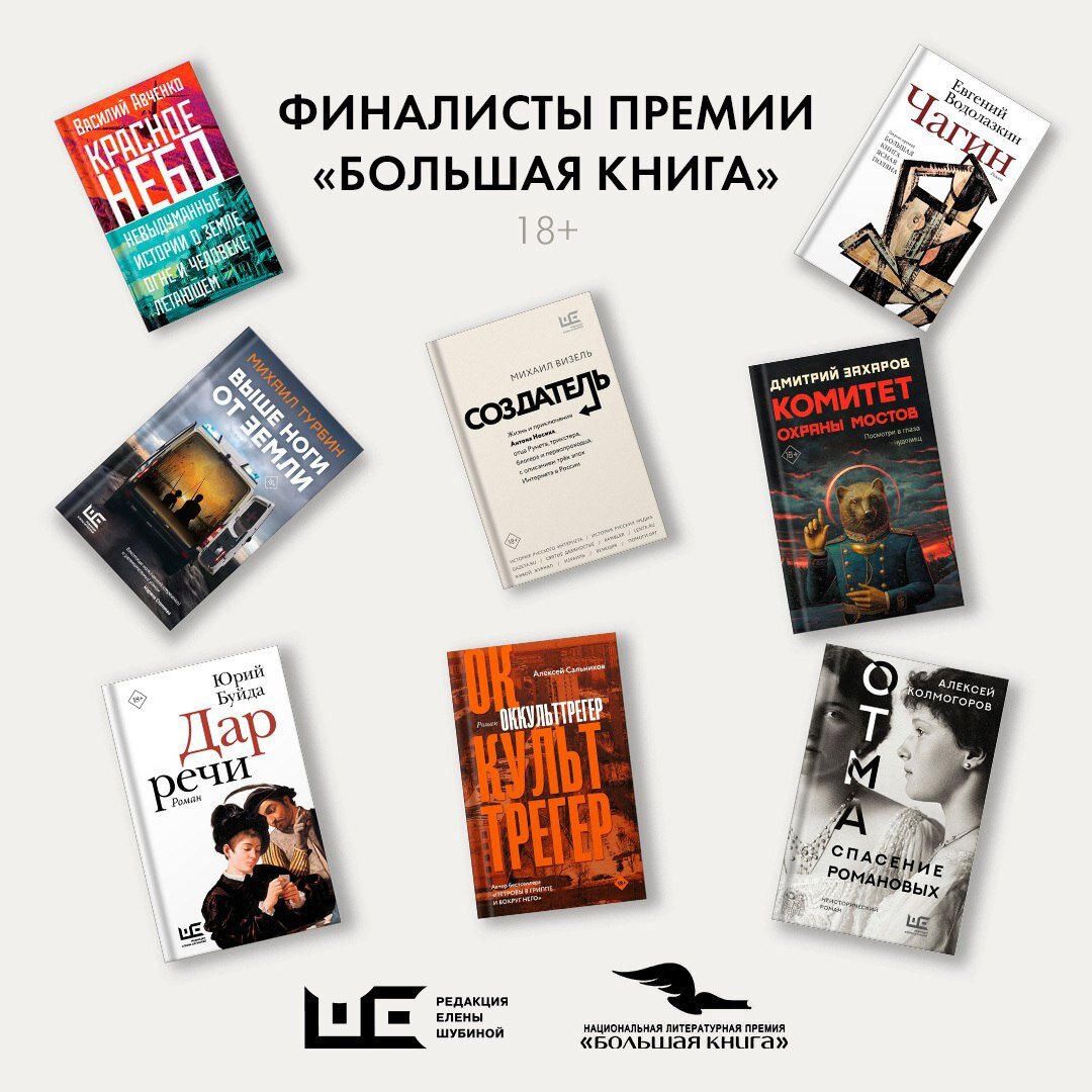 «Большая книга» — одна из главных литературных премий России, вручается ежегодно за лучшее прозаическое произведение. В коротком списке этого года — 8 книг авторов «Редакции Елены Шубиной».