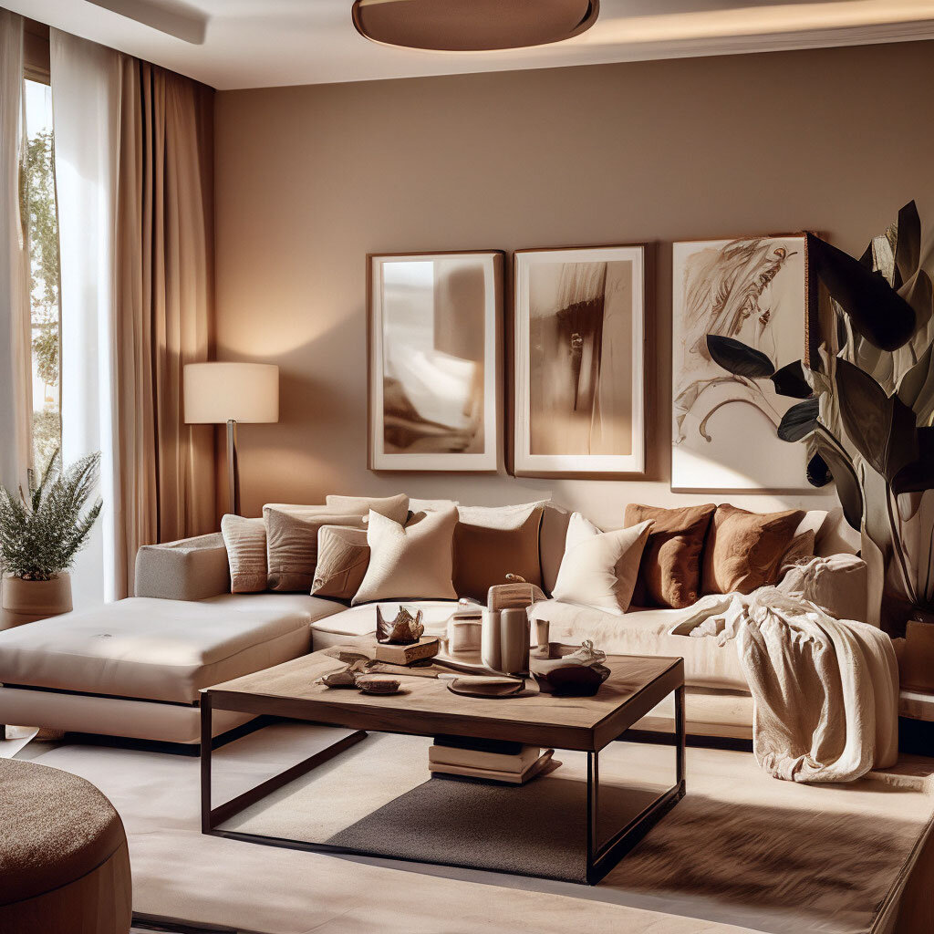 Интерьер гостиной в бежевых и коричневых тонах