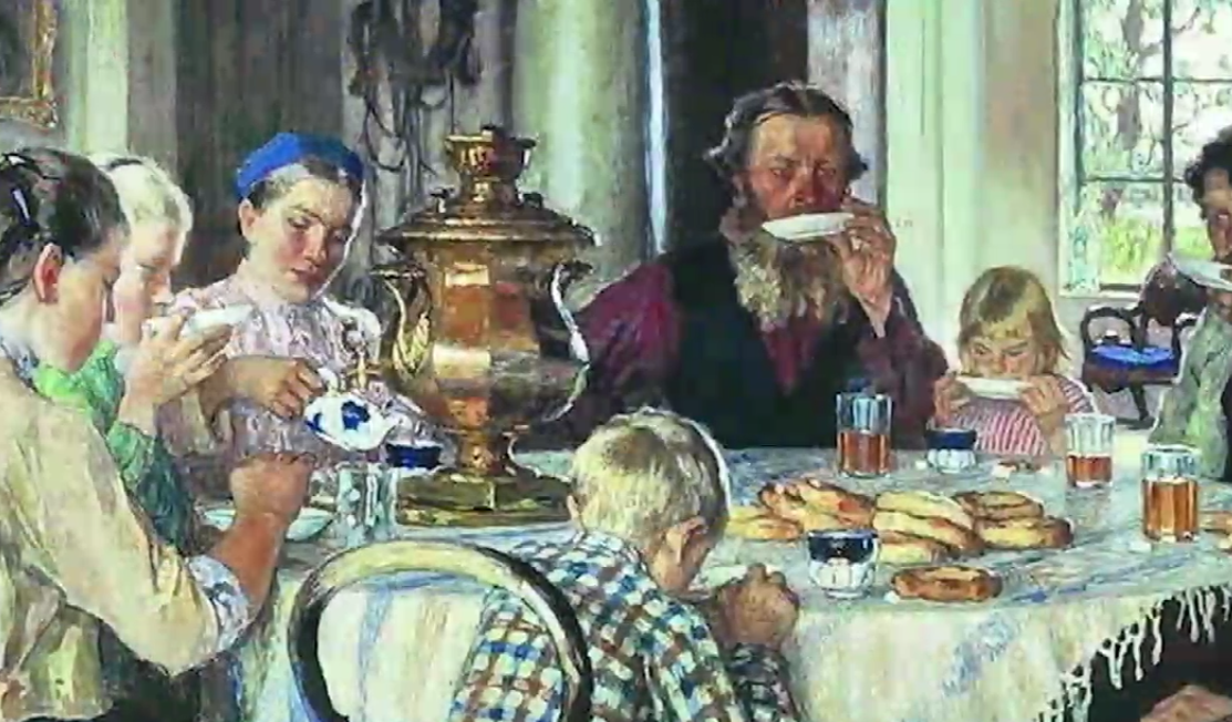 Сидела за самоваром. Н.П. Богданов-Бельский, "новые хозяева",1913. «Новые хозяева. Чаепитие», Богданов-Бельский. 1913.