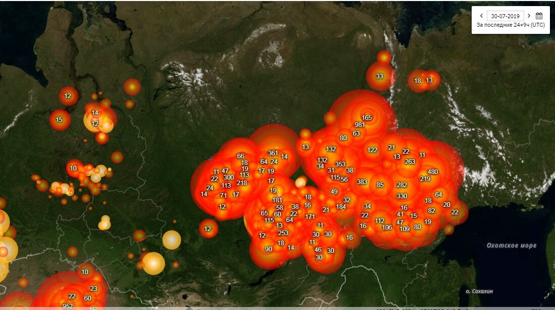Карта лесных пожаров на 30.07.2019