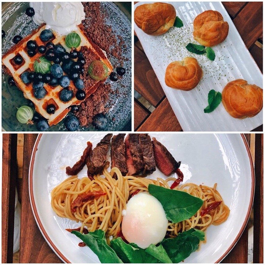 1. Сырники с ягодами 2. Профитроли с матчей 3. Говядина со спагетти и вяленными томатами