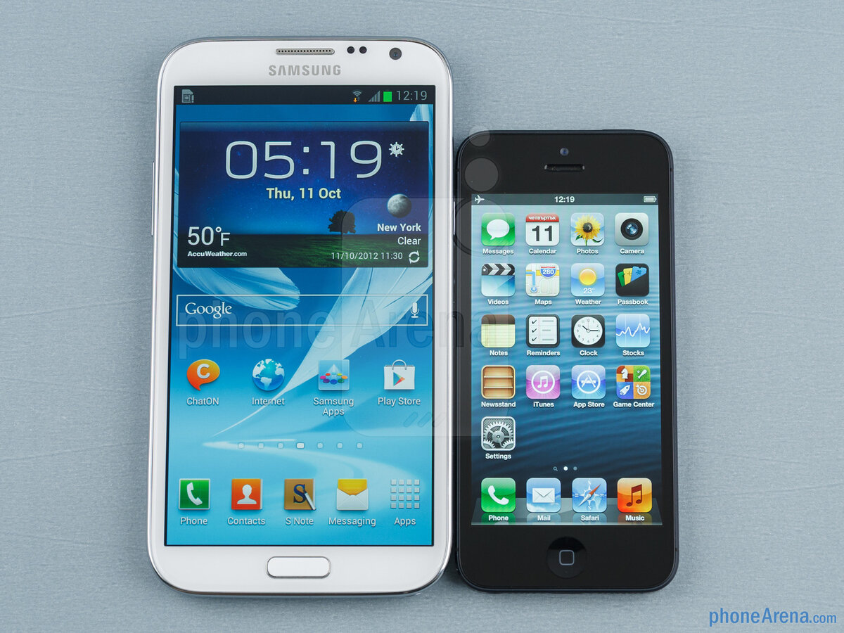 iPhone 5 против Samsung Galaxy Note II с 5.5-дюймовым экраном (Источник: PhoneArena)