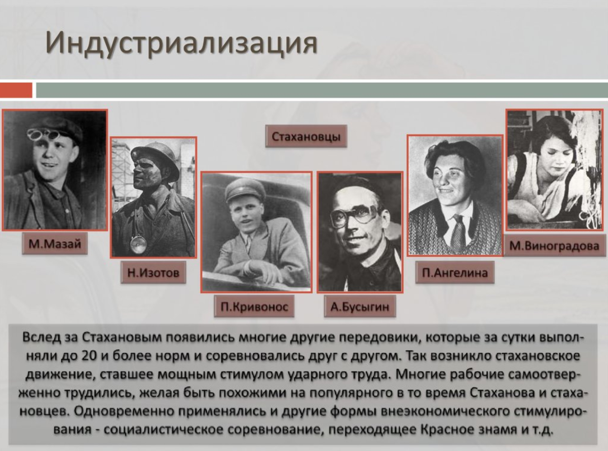 Индустриализация СССР В 30-Е годы. Герои первых Пятилеток в СССР. Передовики Стахановского движения. Стахановское движение в СССР участники. Год начало стахановского движения