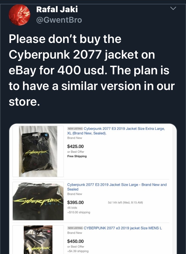 Пожалуйста, не покупайте куртку Cyberpunk 2077 на eBay за 400 долларов. Мы планируем выставить подобную куртку в своём магазине.