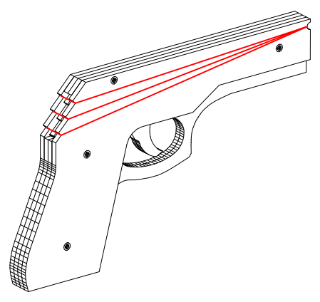 Три заряда, обычные канцелярские резинки, при нажатии на курок съезжают наверх, а верхняя срывается и довольно шустро улетает вперед метров на 10-15. Далее в галерее есть чертеж. 