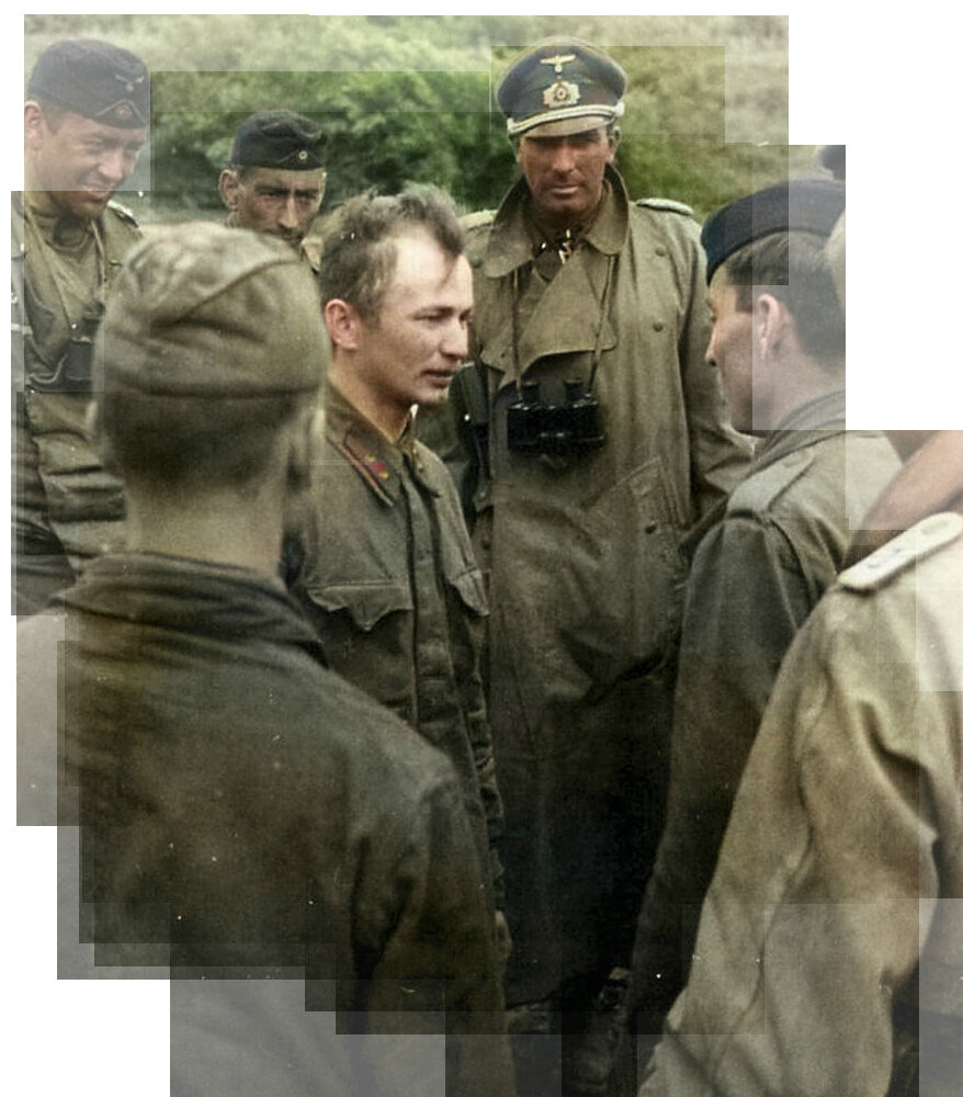 Допрос пленного советского лейтенанта. Май 1942 г., район Ржевско-Вяземского выступа. Фотография использована в качестве иллюстрации.