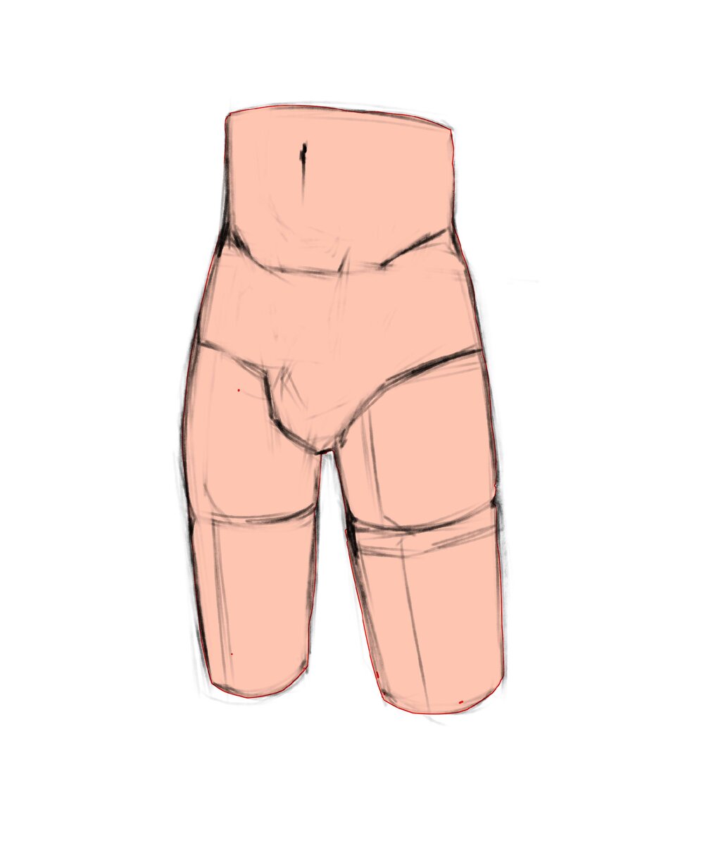 1) Сначала я делаю набросок. С помощью толщины линий я обозначаю контрастные места на объекте. Далее- первичная заливка. Здесь я выбрал в качестве основного цвета телесный оттенок.