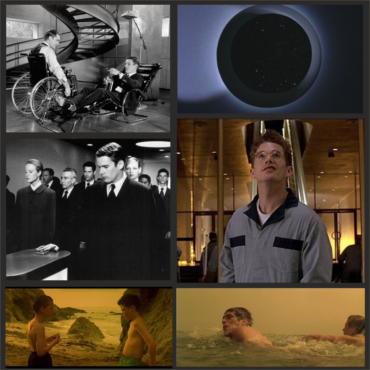 автор собрал мудборд Винсента из картинок в интернете (к/ф «Гаттака» 1997 г.)