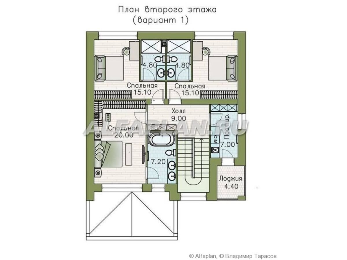 Планировка дома по проекту "Эрго" 930А. 
На 2 этаже : 3 спальни: две из них с санузлом и душевой, наибольшая спальня со входом в ванную комнату
· Постирочная с кладовой